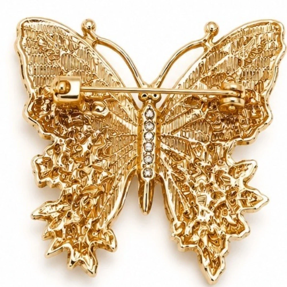 Enamel Butterfly Floral Brooch Whimsical Gold Tone Rhinestone Garden Pin